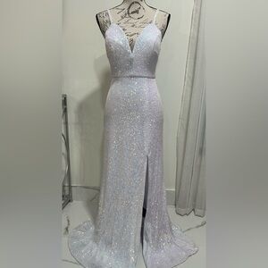 Morgan & Co. White/Rainbow Sequin Maxi Mermaid Gown Bodycon V-Neck Straps Size 1